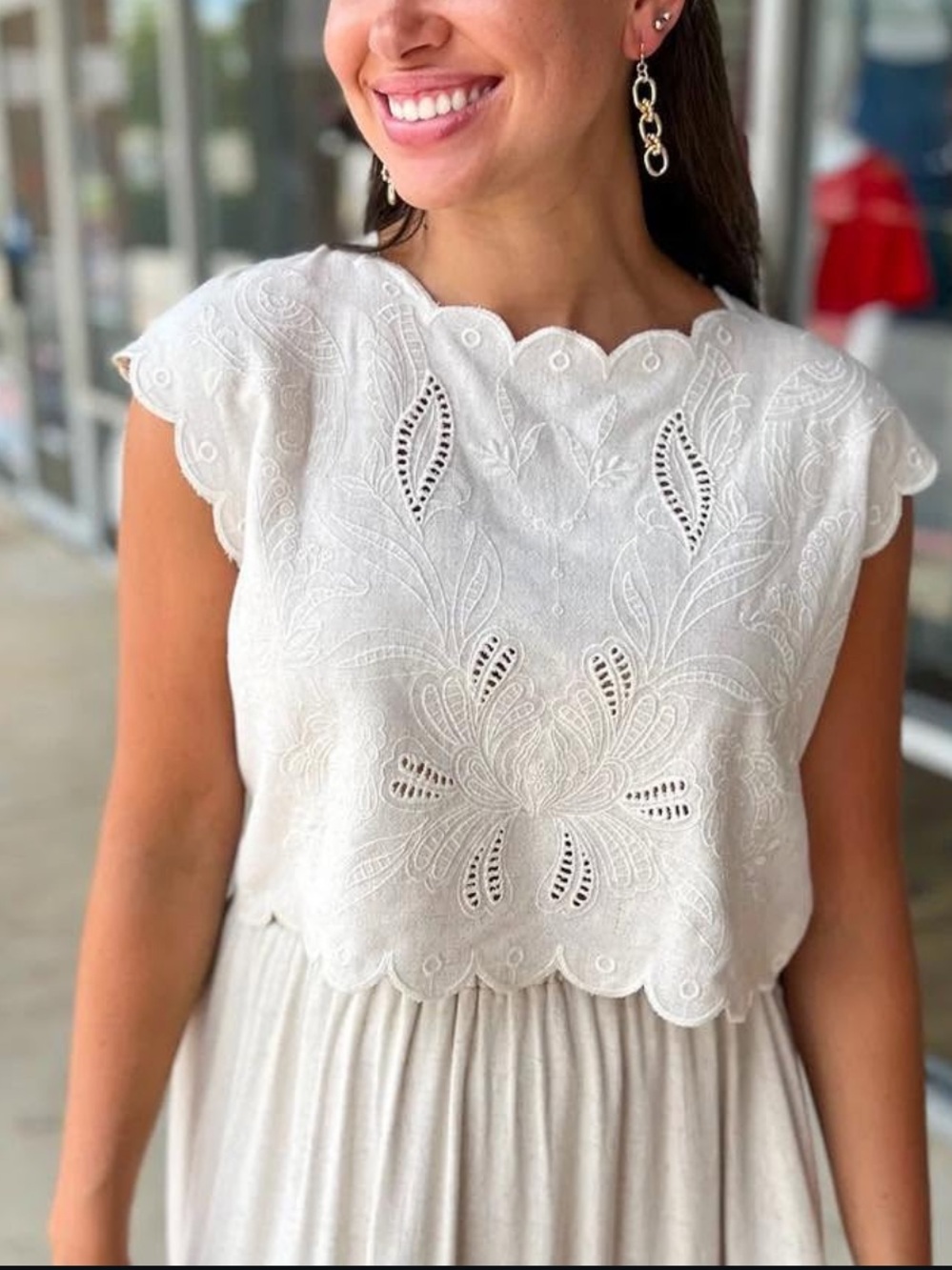 Stitch + Feather Cream Embroidered Linen-Blend Scallop Edge Camisole